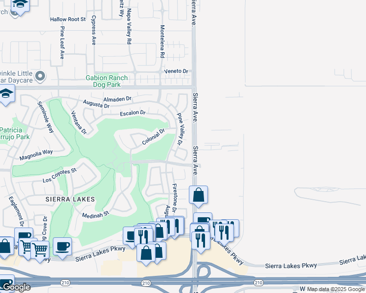 map of restaurants, bars, coffee shops, grocery stores, and more near 16850 Merion Lane in Fontana