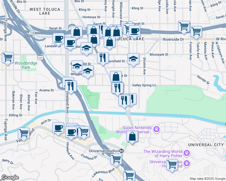 map of restaurants, bars, coffee shops, grocery stores, and more near 4201 Lankershim Boulevard in Los Angeles