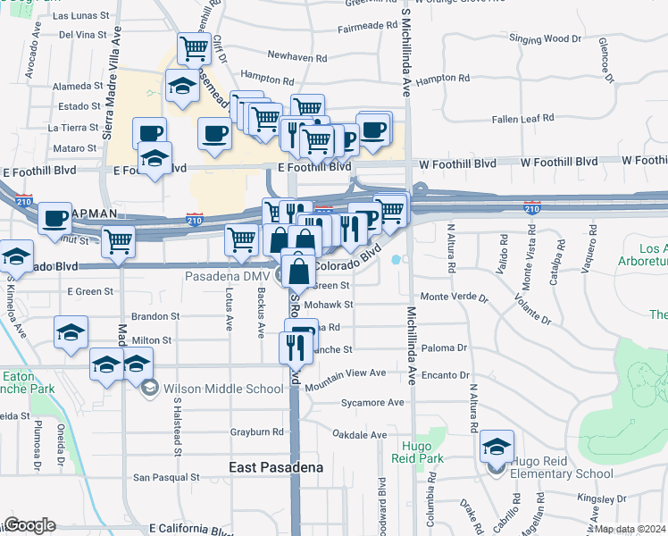 map of restaurants, bars, coffee shops, grocery stores, and more near 3768 East Colorado Boulevard in Pasadena