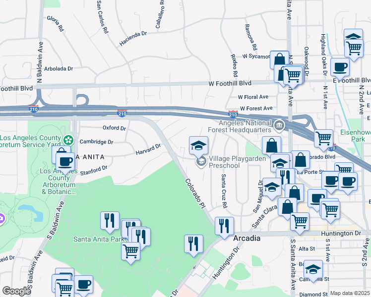 map of restaurants, bars, coffee shops, grocery stores, and more near 245 West Colorado Boulevard in Arcadia
