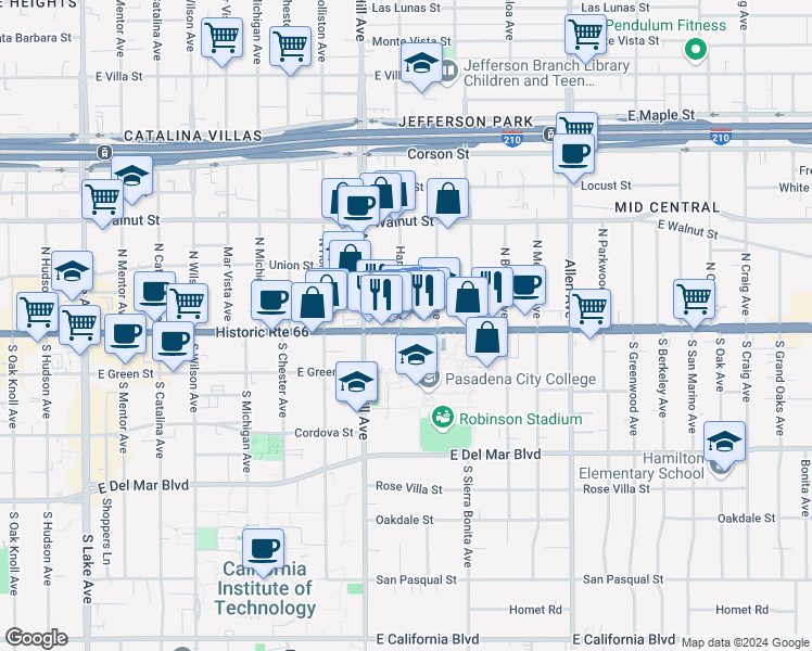 map of restaurants, bars, coffee shops, grocery stores, and more near 1491 East Colorado Boulevard in Pasadena