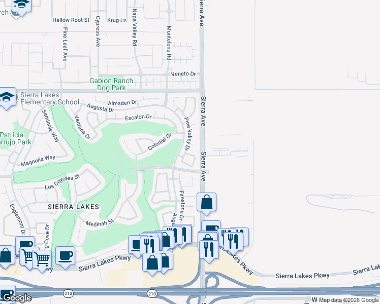 map of restaurants, bars, coffee shops, grocery stores, and more near 16850 Merion Lane in Fontana