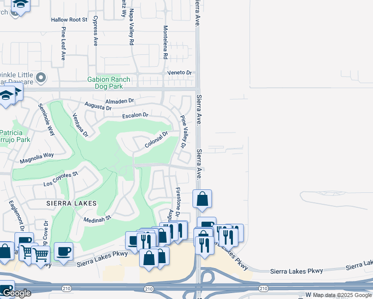 map of restaurants, bars, coffee shops, grocery stores, and more near 16850 Merion Lane in Fontana