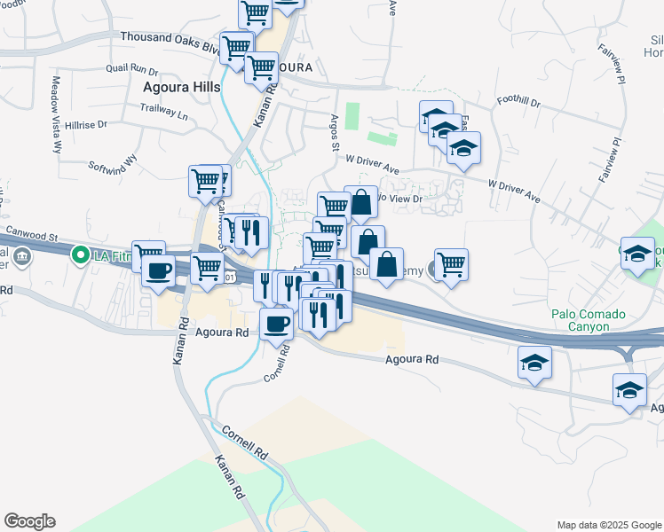 map of restaurants, bars, coffee shops, grocery stores, and more near 28901 Canwood Street in Agoura Hills