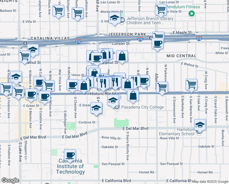 map of restaurants, bars, coffee shops, grocery stores, and more near 1491 East Colorado Boulevard in Pasadena