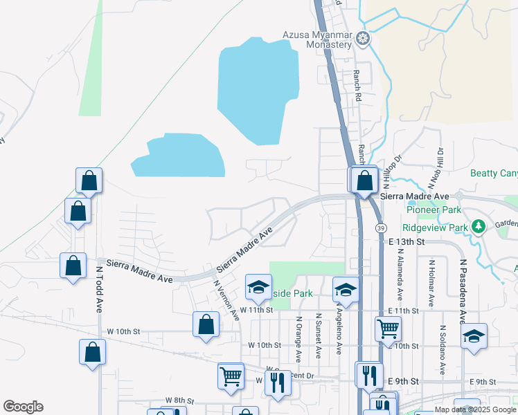 map of restaurants, bars, coffee shops, grocery stores, and more near 650 West Virginia Ann Drive in Azusa