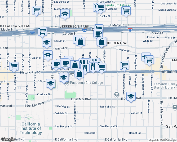 map of restaurants, bars, coffee shops, grocery stores, and more near 1735 West Historic Route 66 in Pasadena