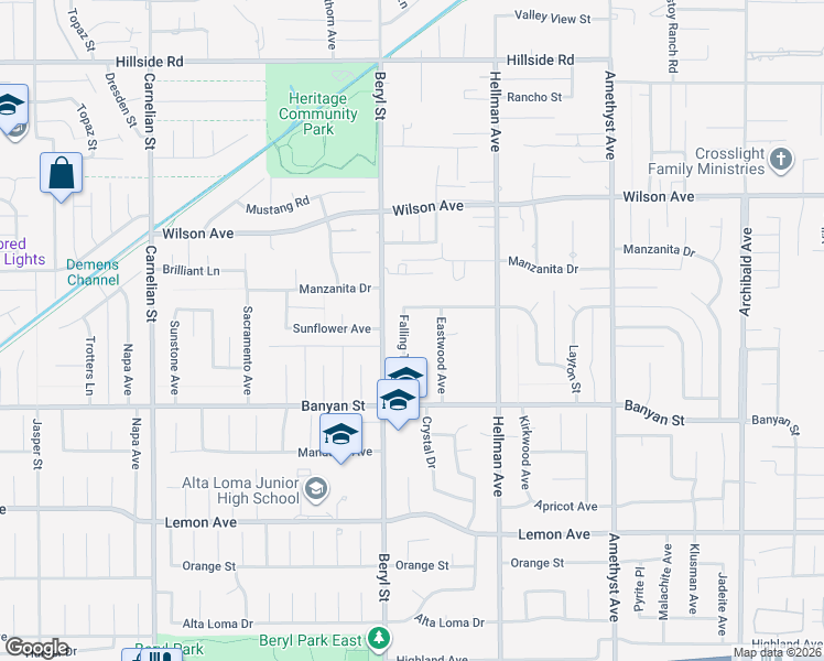 map of restaurants, bars, coffee shops, grocery stores, and more near 5975 Falling Tree Lane in Rancho Cucamonga