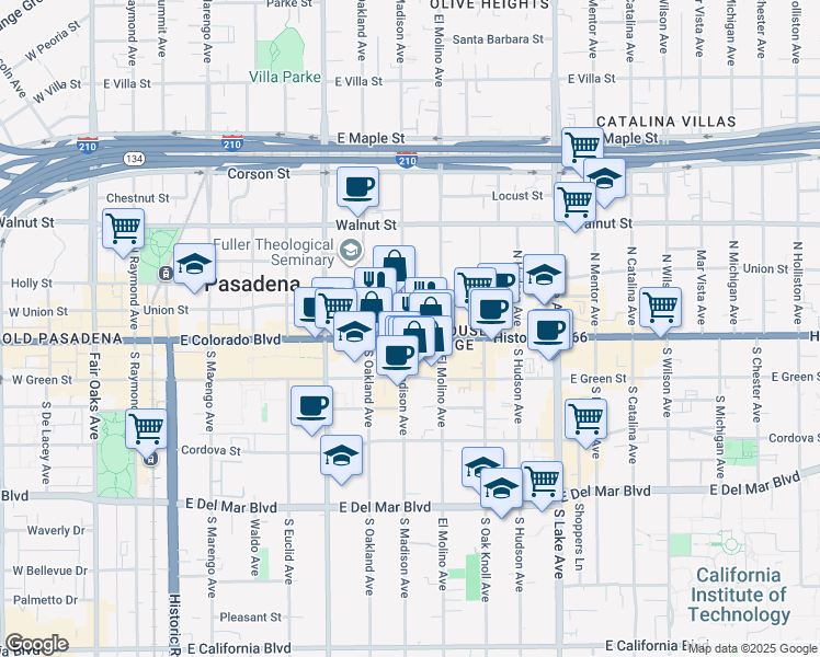 map of restaurants, bars, coffee shops, grocery stores, and more near in Pasadena