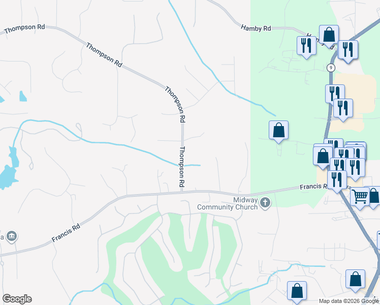 map of restaurants, bars, coffee shops, grocery stores, and more near 16040 South Thompson Road in Alpharetta