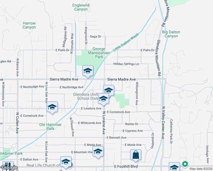 map of restaurants, bars, coffee shops, grocery stores, and more near 660 North Loraine Avenue in Glendora