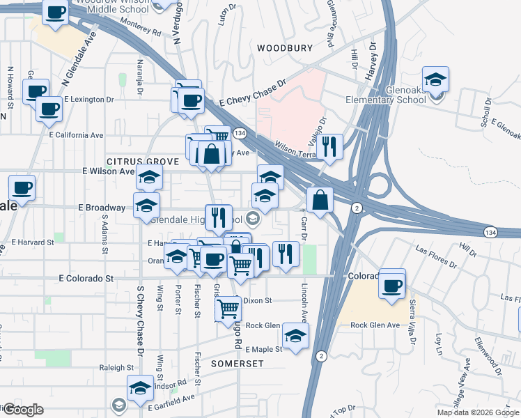 map of restaurants, bars, coffee shops, grocery stores, and more near 2 Sinclair Avenue in Glendale