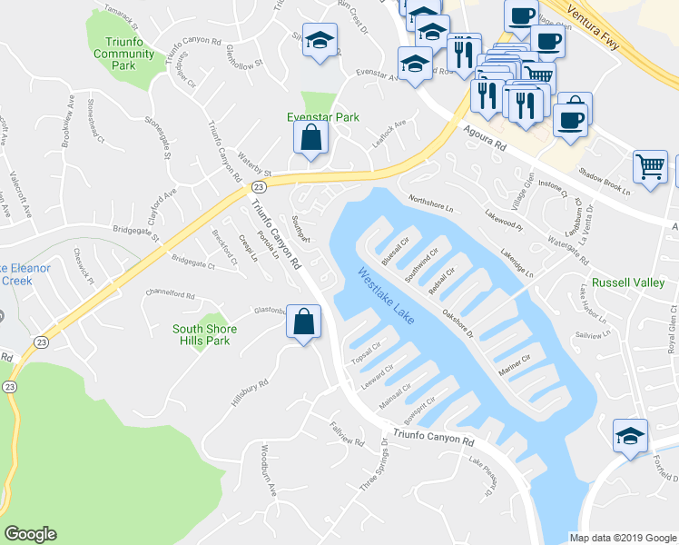 map of restaurants, bars, coffee shops, grocery stores, and more near 2243 Westshore Lane in Westlake Village