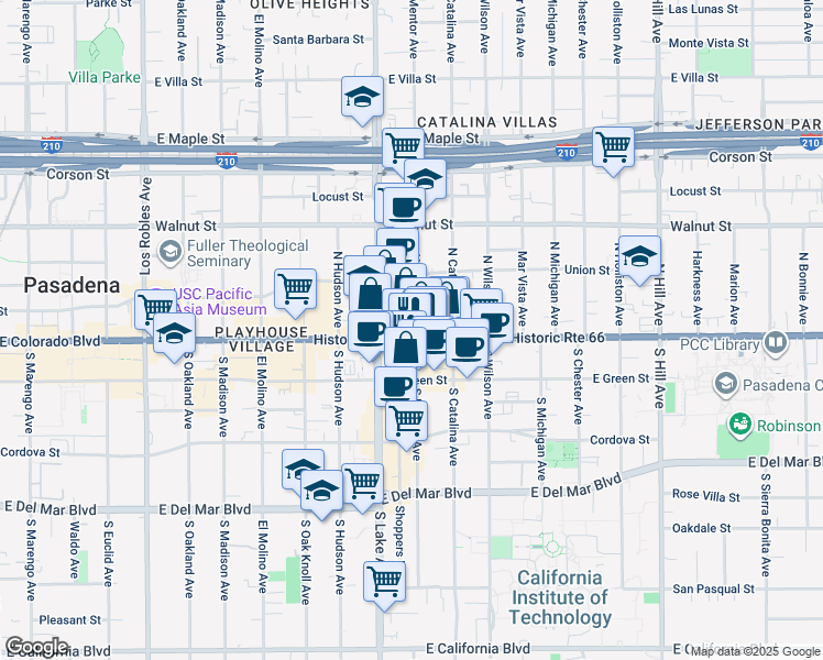 map of restaurants, bars, coffee shops, grocery stores, and more near 931 East Colorado Boulevard in Pasadena