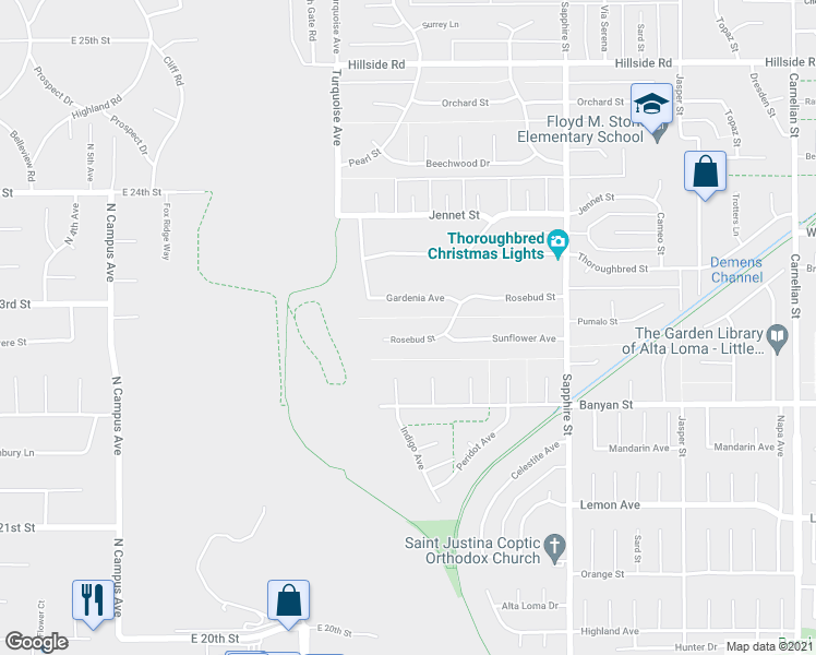 map of restaurants, bars, coffee shops, grocery stores, and more near 8010 Rosebud Street in Rancho Cucamonga