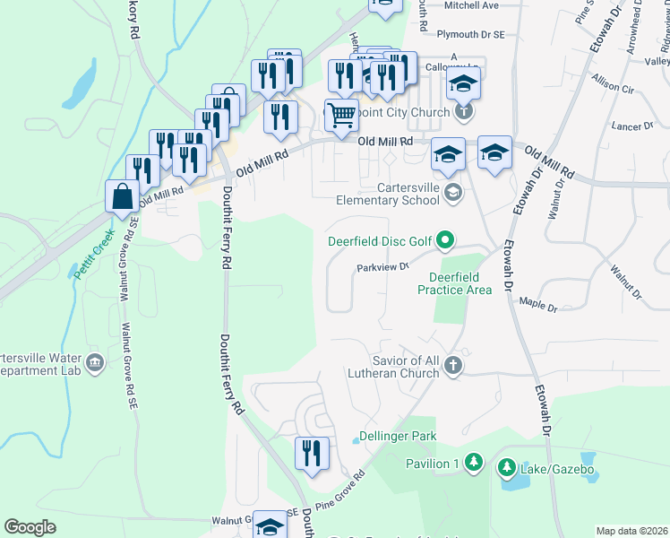map of restaurants, bars, coffee shops, grocery stores, and more near 235 Parkview Drive in Cartersville