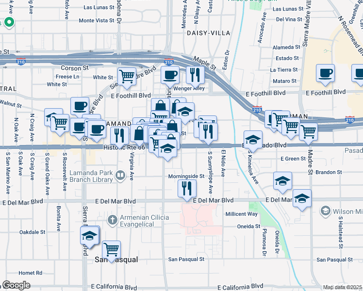map of restaurants, bars, coffee shops, grocery stores, and more near East Colorado Boulevard & South Daisy Avenue in Pasadena