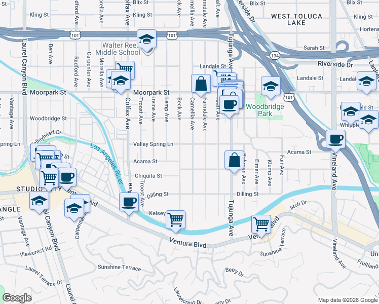 map of restaurants, bars, coffee shops, grocery stores, and more near 4243 Camellia Avenue in Los Angeles
