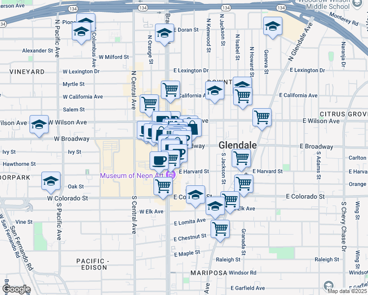 map of restaurants, bars, coffee shops, grocery stores, and more near 200 East Broadway in Glendale