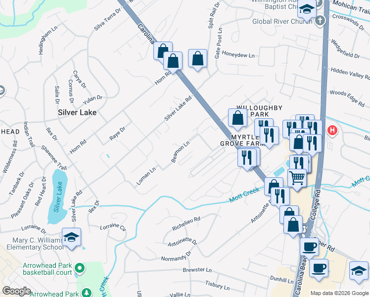 map of restaurants, bars, coffee shops, grocery stores, and more near 1214 Beamon Lane in Wilmington