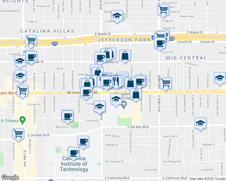 map of restaurants, bars, coffee shops, grocery stores, and more near 1491 East Colorado Boulevard in Pasadena