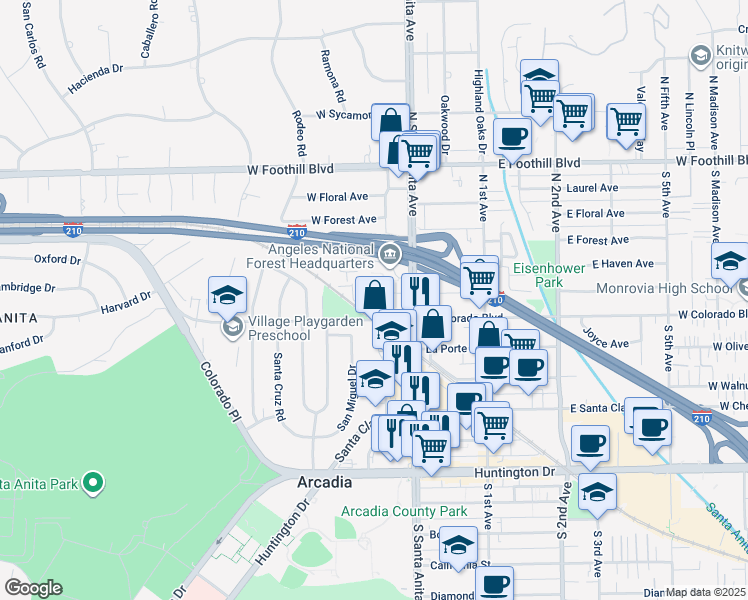map of restaurants, bars, coffee shops, grocery stores, and more near in Arcadia