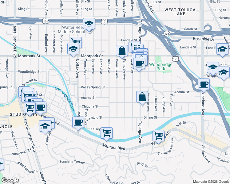 map of restaurants, bars, coffee shops, grocery stores, and more near 4243 Camellia Avenue in Los Angeles