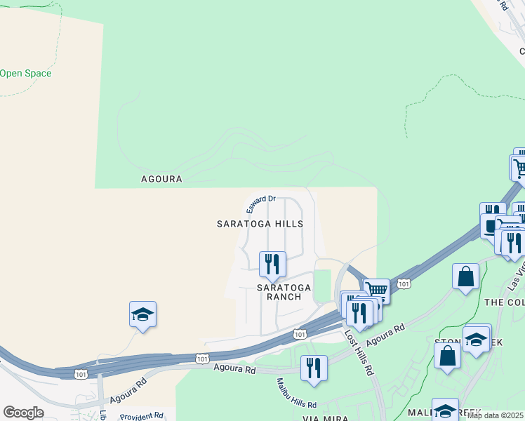 map of restaurants, bars, coffee shops, grocery stores, and more near in Calabasas