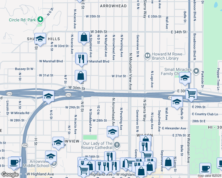 map of restaurants, bars, coffee shops, grocery stores, and more near 3000 North Arrowhead Avenue in San Bernardino