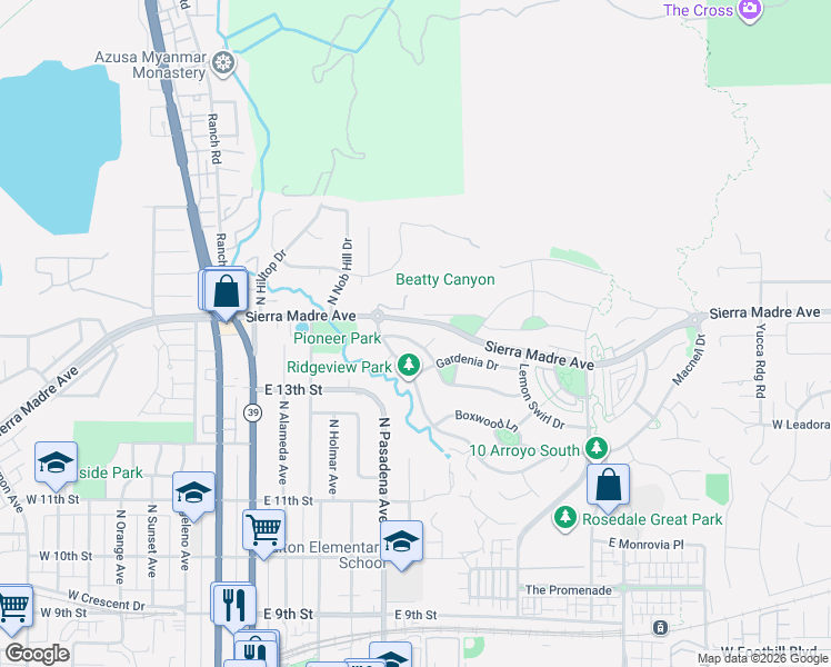 map of restaurants, bars, coffee shops, grocery stores, and more near 532 Desert Willow Road in Azusa