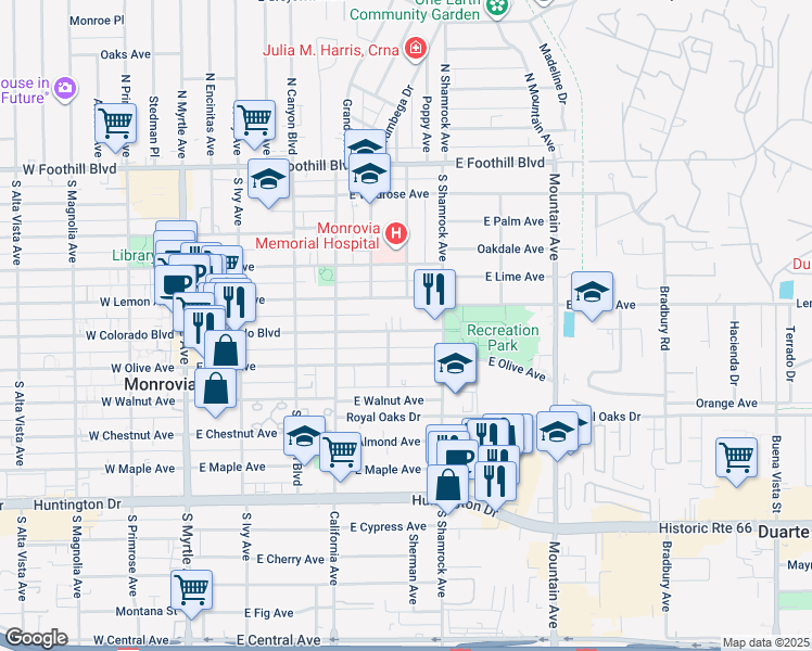 map of restaurants, bars, coffee shops, grocery stores, and more near 622 East Colorado Boulevard in Monrovia
