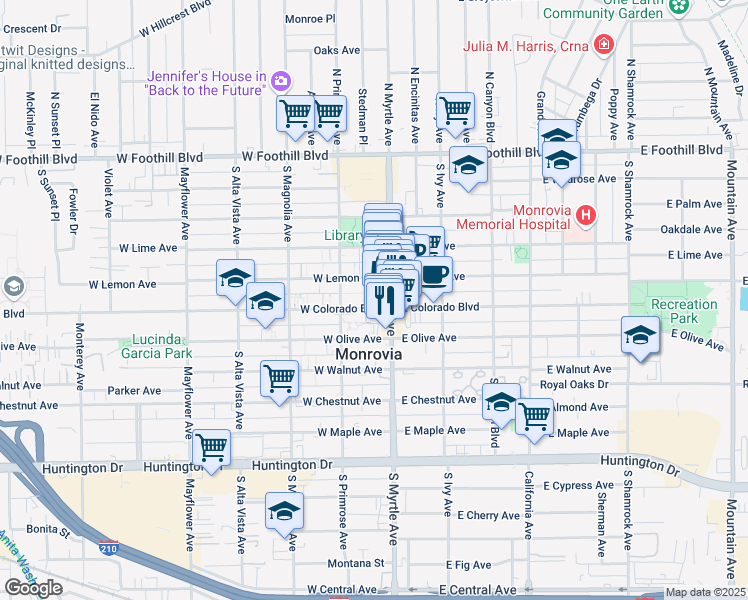 map of restaurants, bars, coffee shops, grocery stores, and more near 125 West Colorado Boulevard in Monrovia