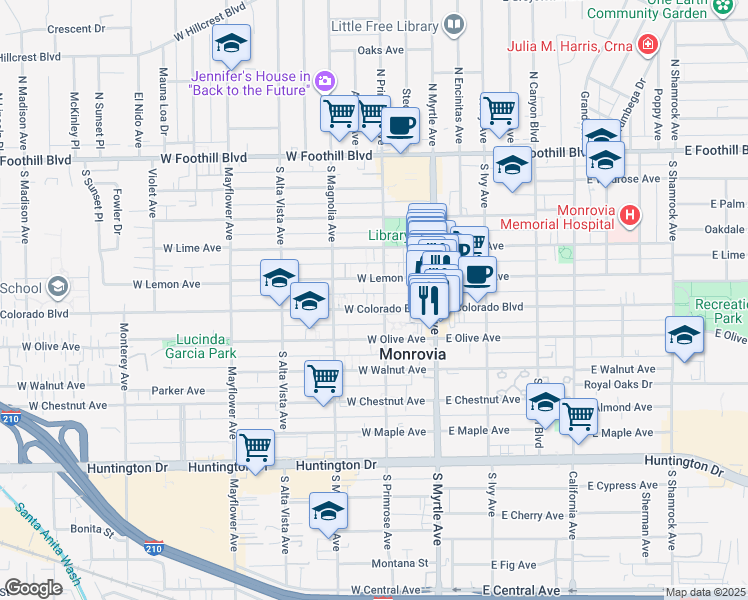 map of restaurants, bars, coffee shops, grocery stores, and more near 205 West Colorado Boulevard in Monrovia