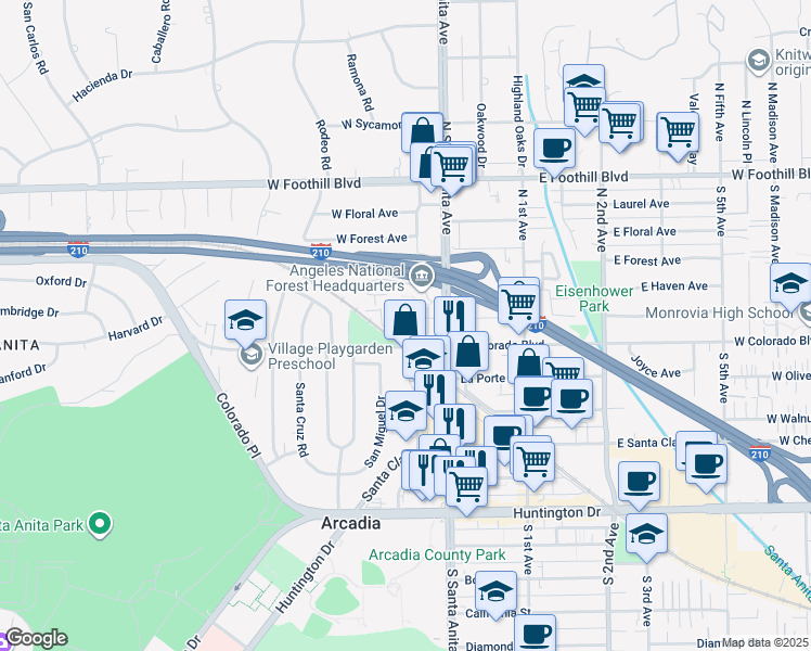 map of restaurants, bars, coffee shops, grocery stores, and more near 515 Windsor Road in Arcadia
