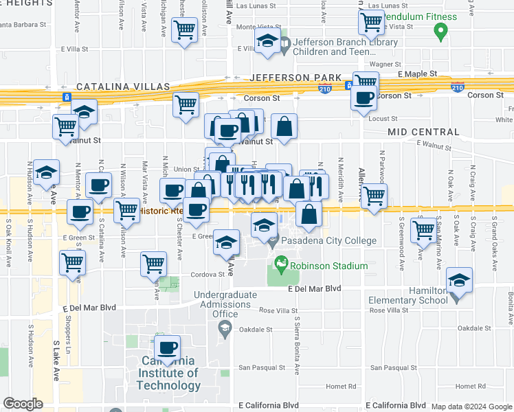 map of restaurants, bars, coffee shops, grocery stores, and more near 1491 East Colorado Boulevard in Pasadena