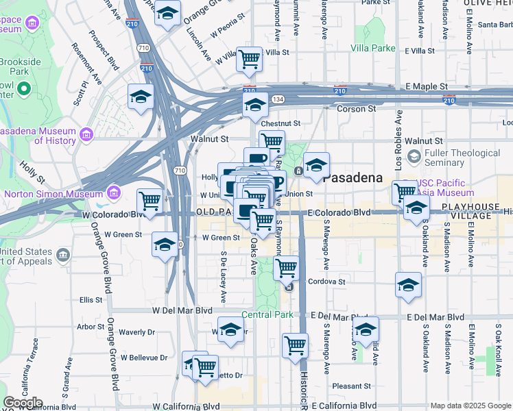 map of restaurants, bars, coffee shops, grocery stores, and more near 1 North Fair Oaks Avenue in Pasadena