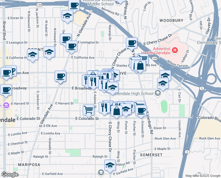 map of restaurants, bars, coffee shops, grocery stores, and more near 1214 A East Broadway in Glendale