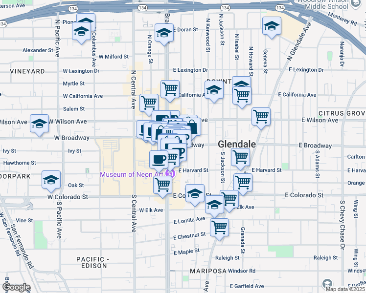 map of restaurants, bars, coffee shops, grocery stores, and more near 107 South Maryland Avenue in Glendale
