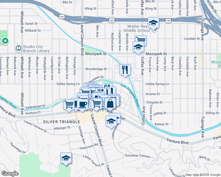 map of restaurants, bars, coffee shops, grocery stores, and more near 4121 Radford Avenue in Los Angeles
