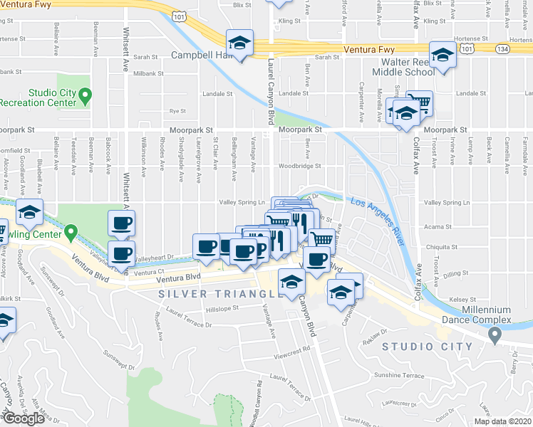 map of restaurants, bars, coffee shops, grocery stores, and more near 12127 Valleyheart Drive in Los Angeles