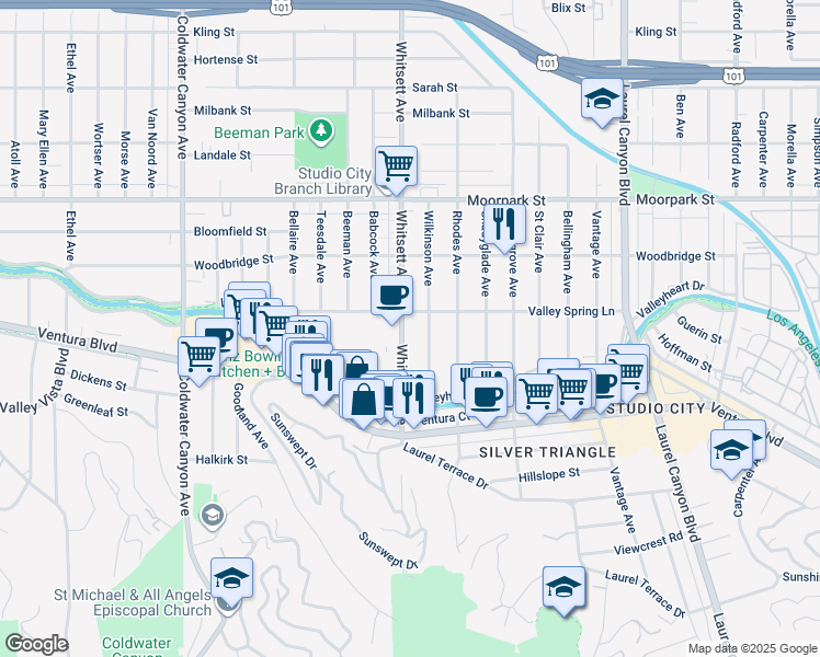 map of restaurants, bars, coffee shops, grocery stores, and more near 4141 Whitsett Avenue in Los Angeles