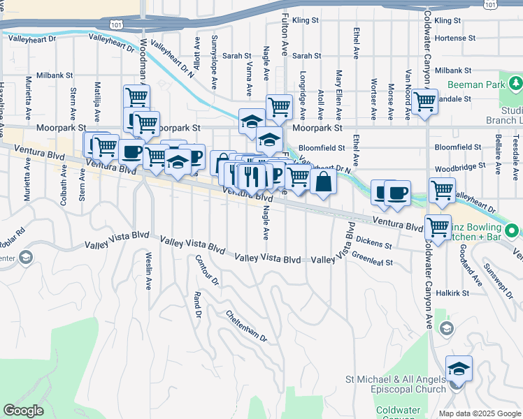 map of restaurants, bars, coffee shops, grocery stores, and more near 4172 Nagle Avenue in Los Angeles
