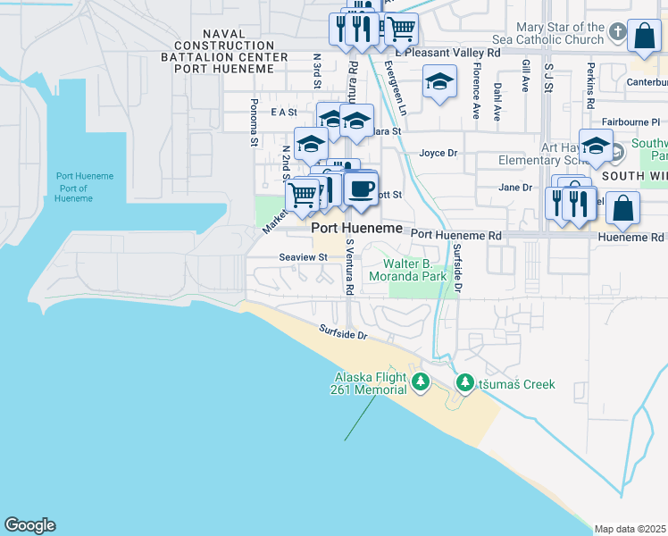 map of restaurants, bars, coffee shops, grocery stores, and more near in Port Hueneme