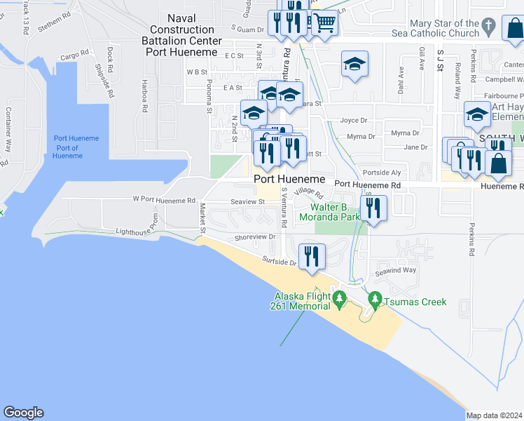 map of restaurants, bars, coffee shops, grocery stores, and more near 233 South Ventura Road in Port Hueneme
