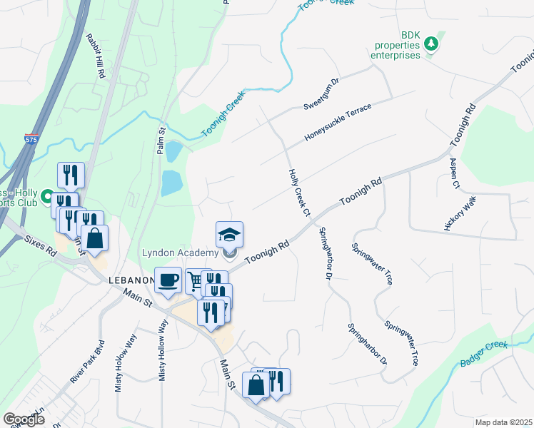 map of restaurants, bars, coffee shops, grocery stores, and more near 204 Holly Creek Way in Woodstock