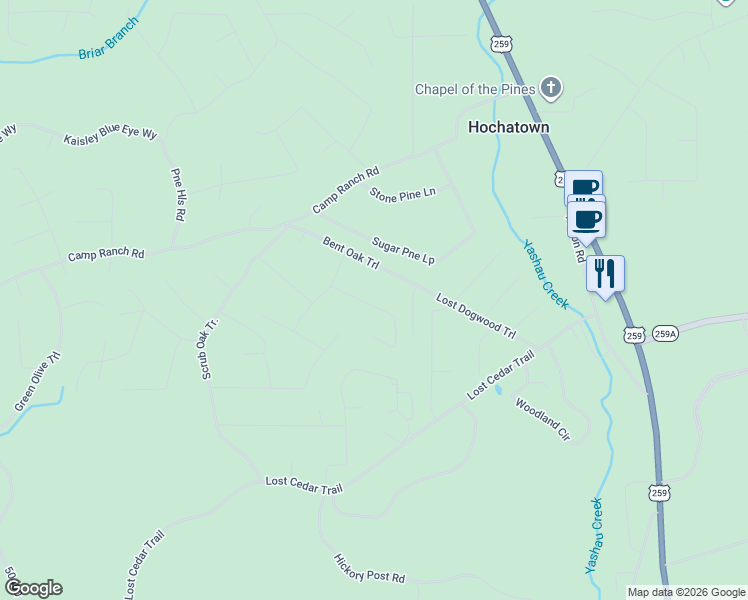map of restaurants, bars, coffee shops, grocery stores, and more near Lost Creek Trail in Broken Bow
