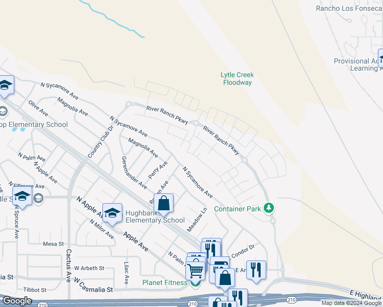 map of restaurants, bars, coffee shops, grocery stores, and more near 2505 Powell Drive in Rialto