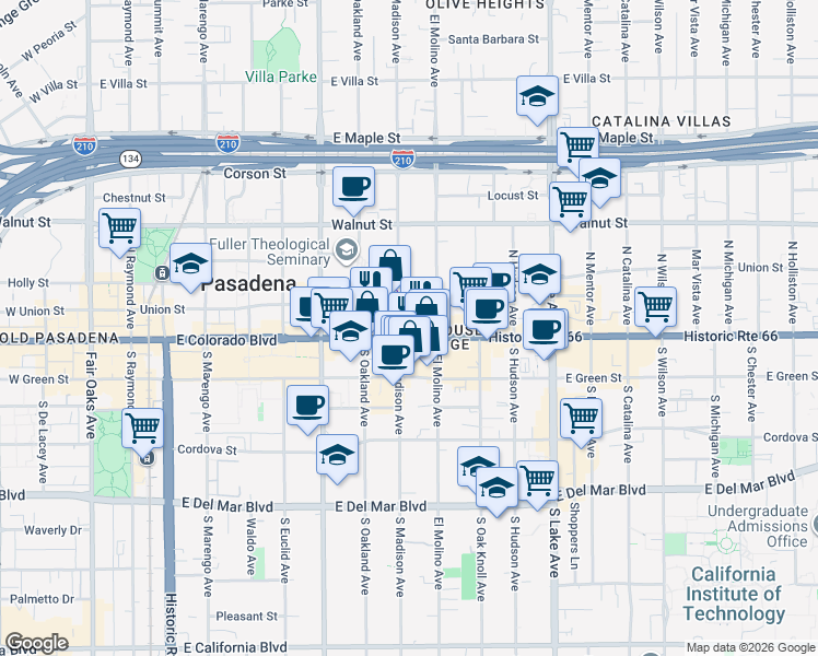 map of restaurants, bars, coffee shops, grocery stores, and more near 595 East Colorado Boulevard in Pasadena
