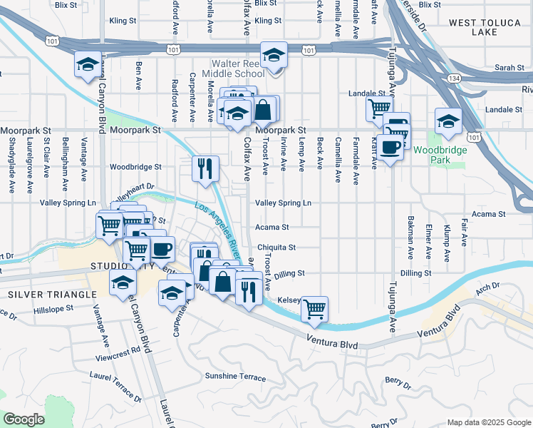 map of restaurants, bars, coffee shops, grocery stores, and more near 4217 Irvine Avenue in Los Angeles