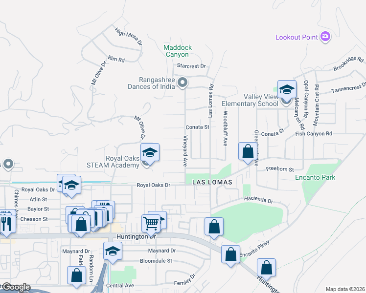 map of restaurants, bars, coffee shops, grocery stores, and more near 2553 Elda Street in Duarte